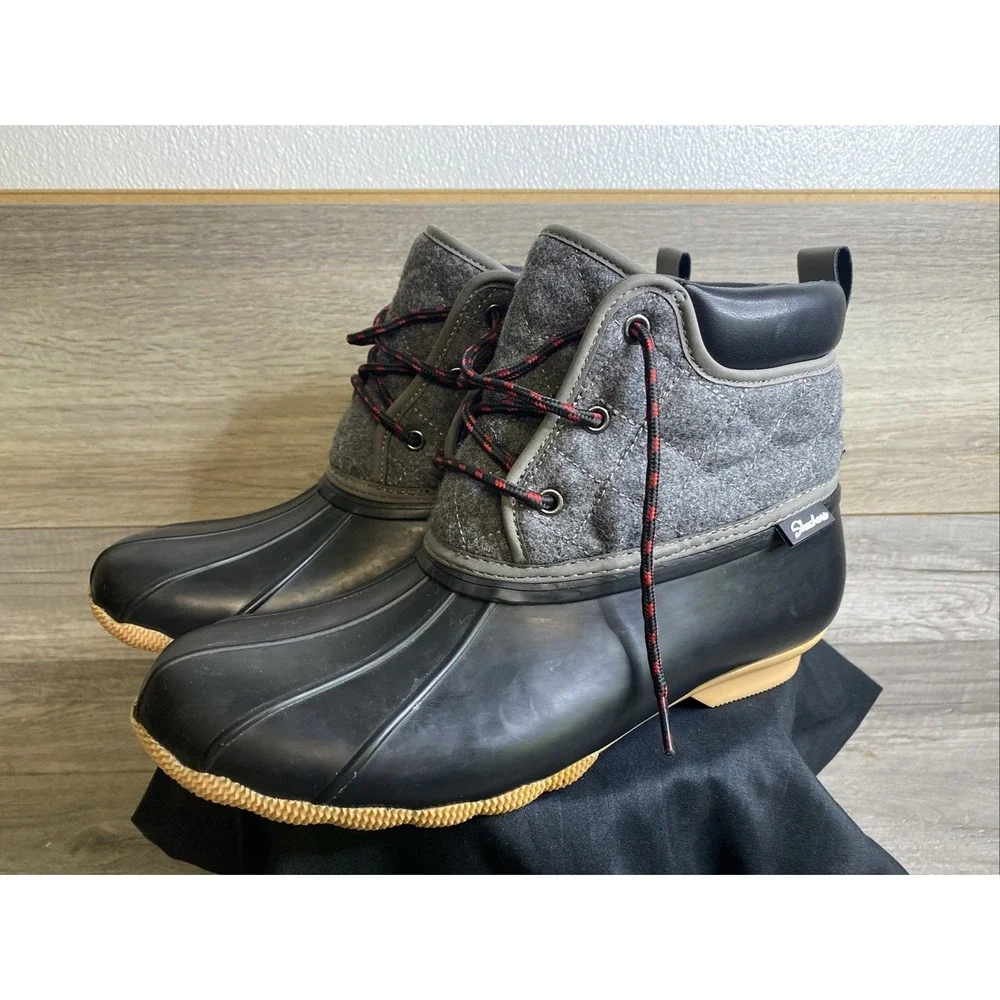 Skechers Pond Duck Boots Womens 11 Black Charcoal Good Waterproof Plaid Lined